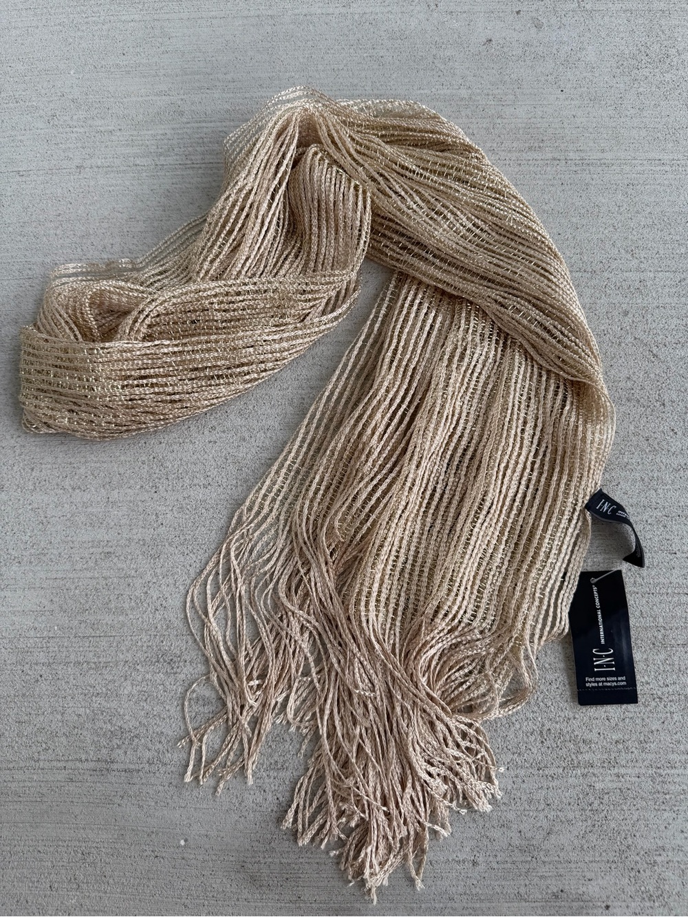 INC International Concepts Metallic Knit Fringe Scarf Sand Gold Shimmer NWT